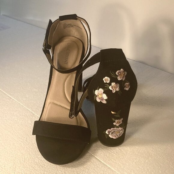 Lane Bryant SZ 11W Black Suede Ankle strap embroidery heel dressy sandal party - Picture 1 of 9